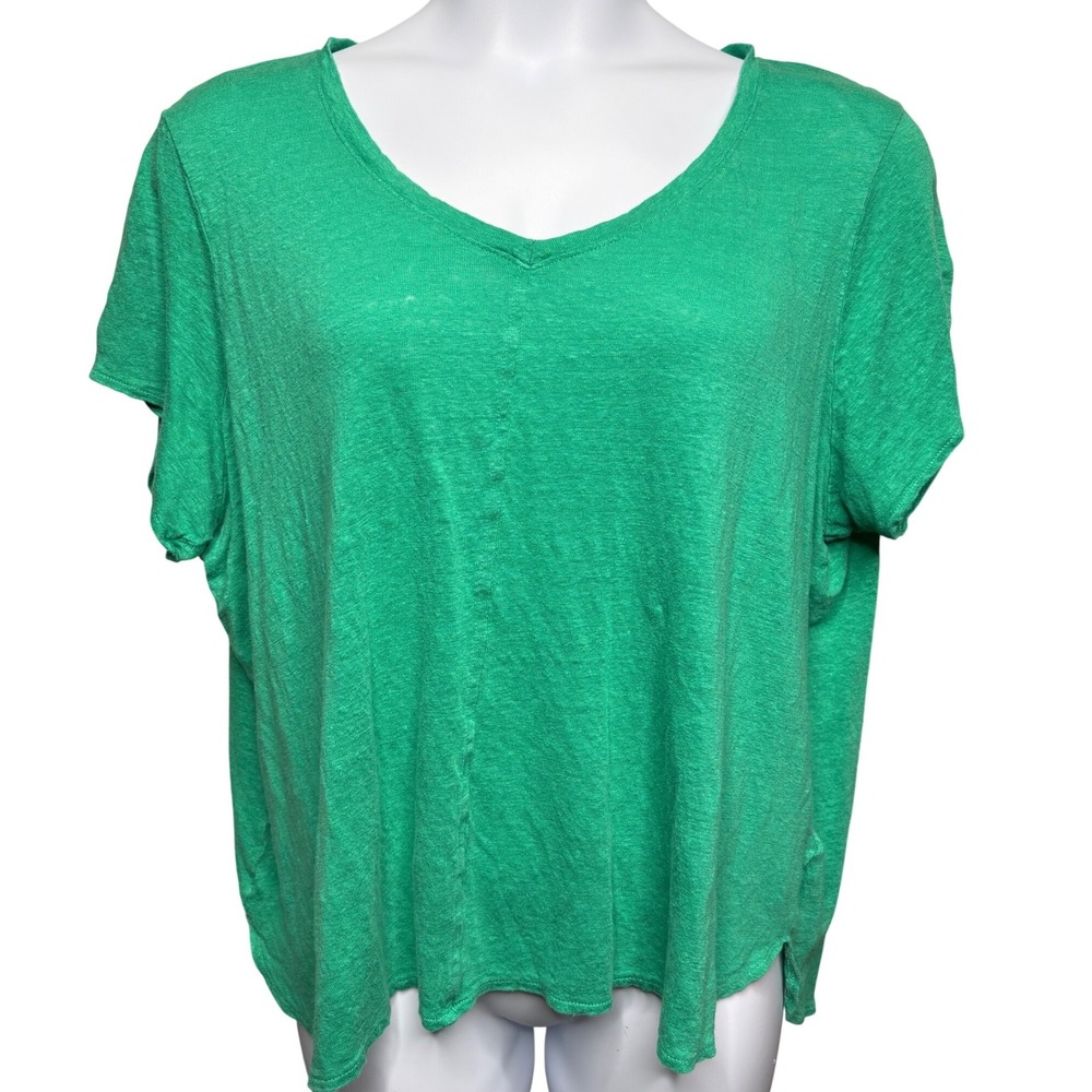 TAHARI Womens Green Linen V-Neck Short Sleeve Slub T-Shirt 3X Lagenlook Coastal